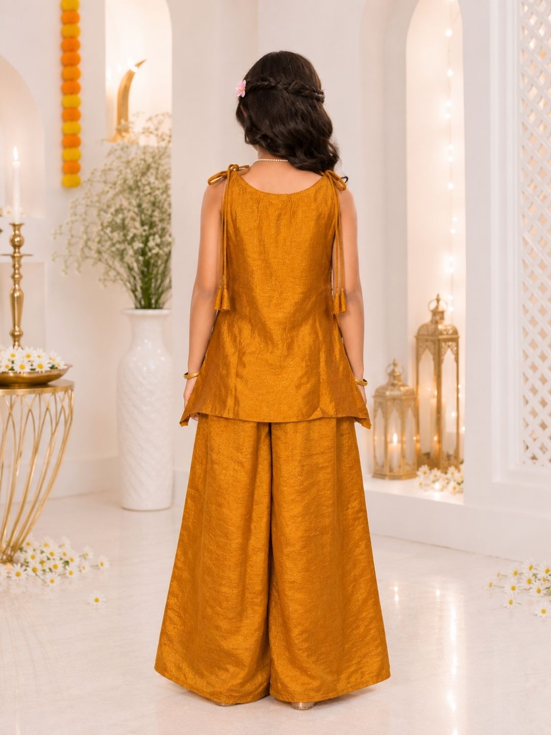 Girls Orange Gold Butterfly Top with Palazzo Set (Set of 2)