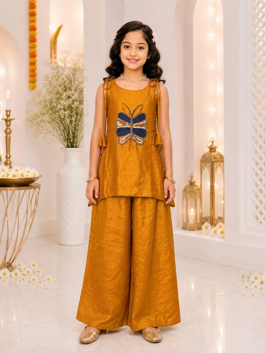 Girls Orange Gold Butterfly Top with Palazzo Set (Set of 2)