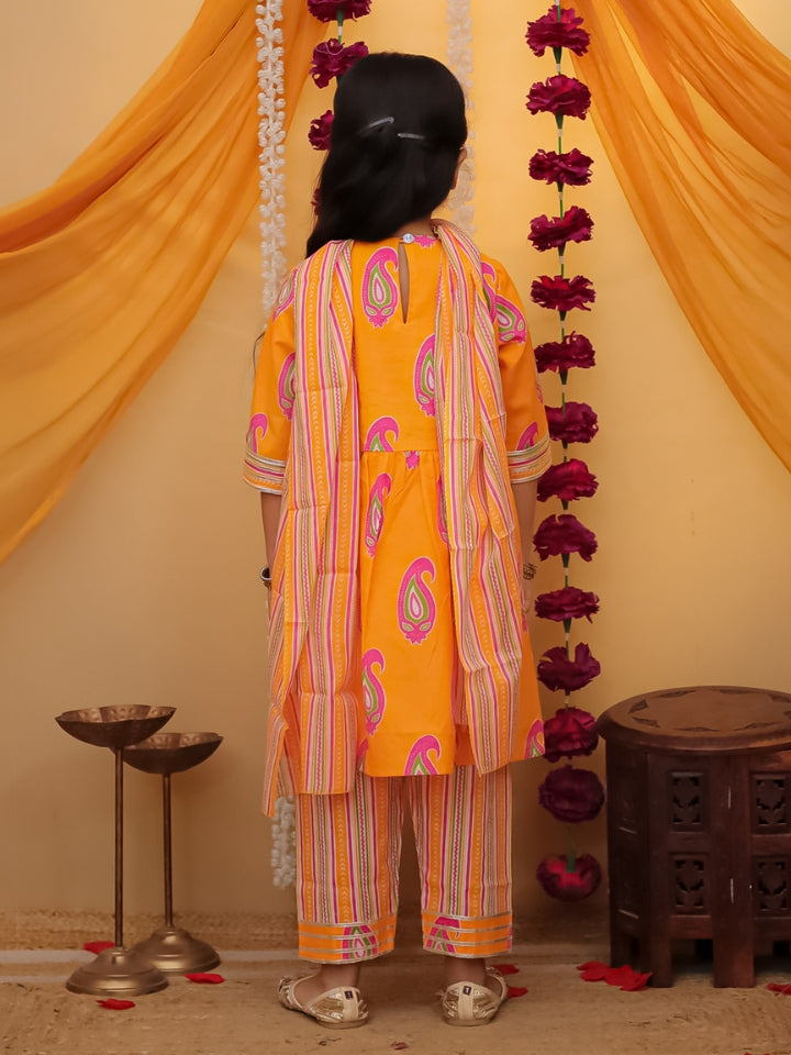 Girls Orange Hand Embroidered Cotton Kurti with Pant and Dupatta
