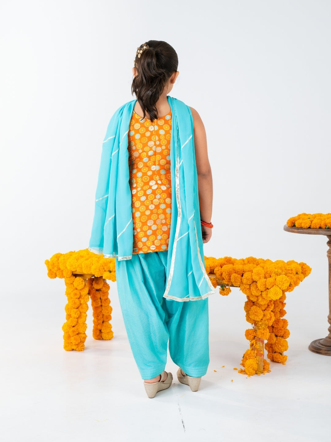 Girls Orange and Sky Blue Salwar Suit Set (Set of 3)