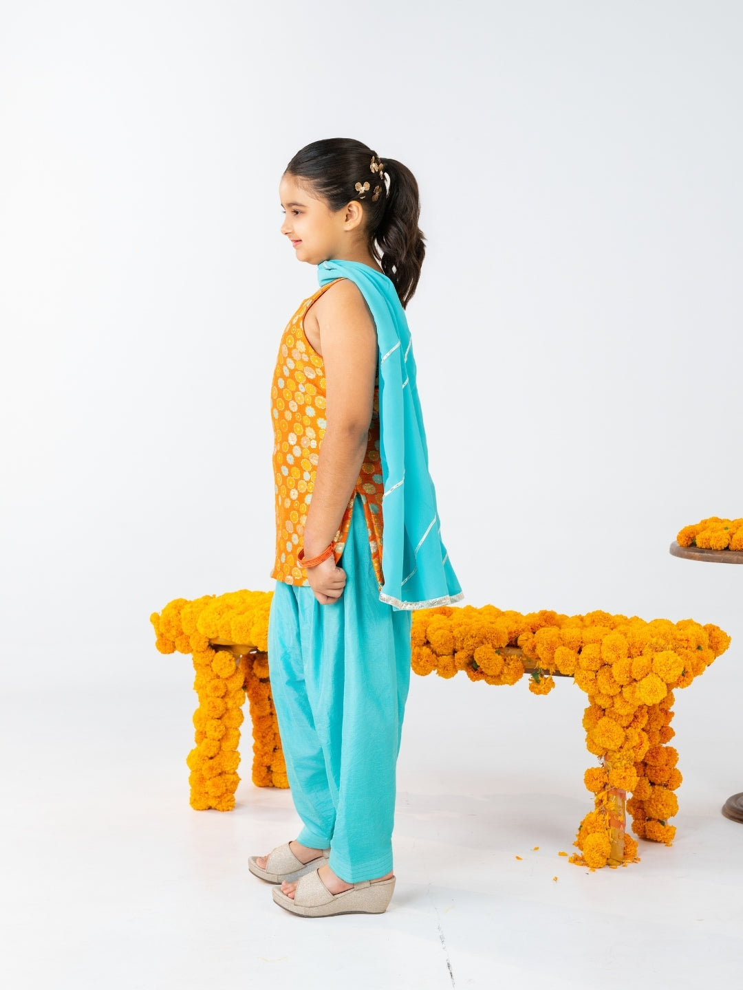 Girls Orange and Sky Blue Salwar Suit Set (Set of 3)
