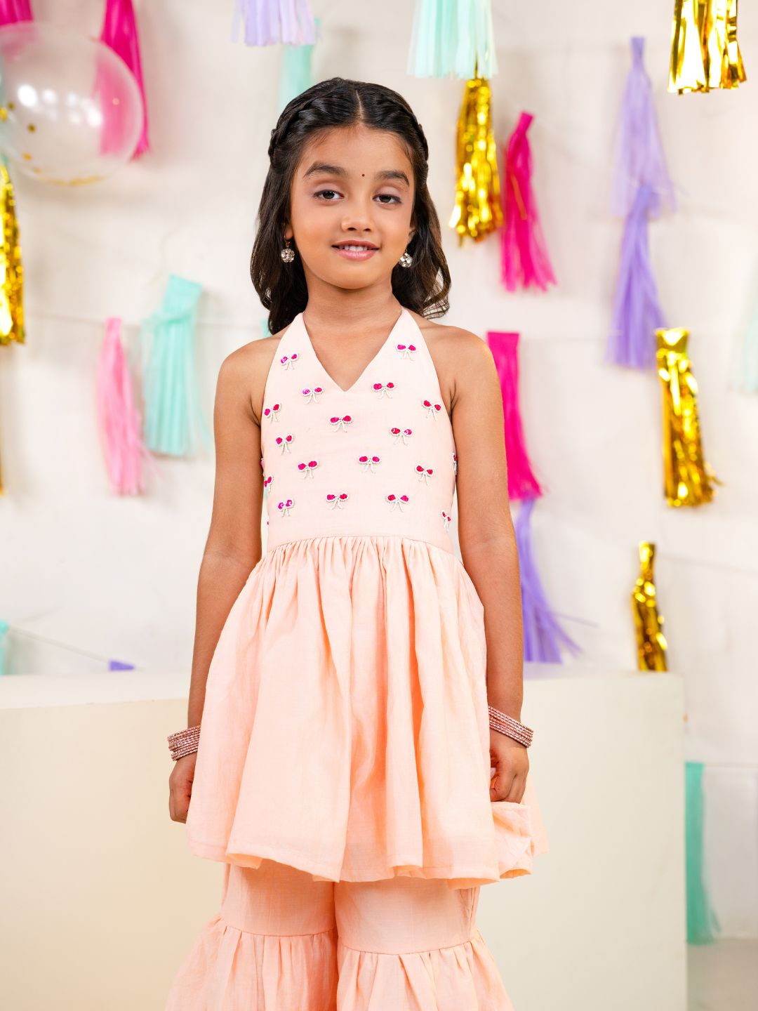 Girls Pastel Pink Festive Halter Neck Sharara Co-Ord Set (Set of 2)