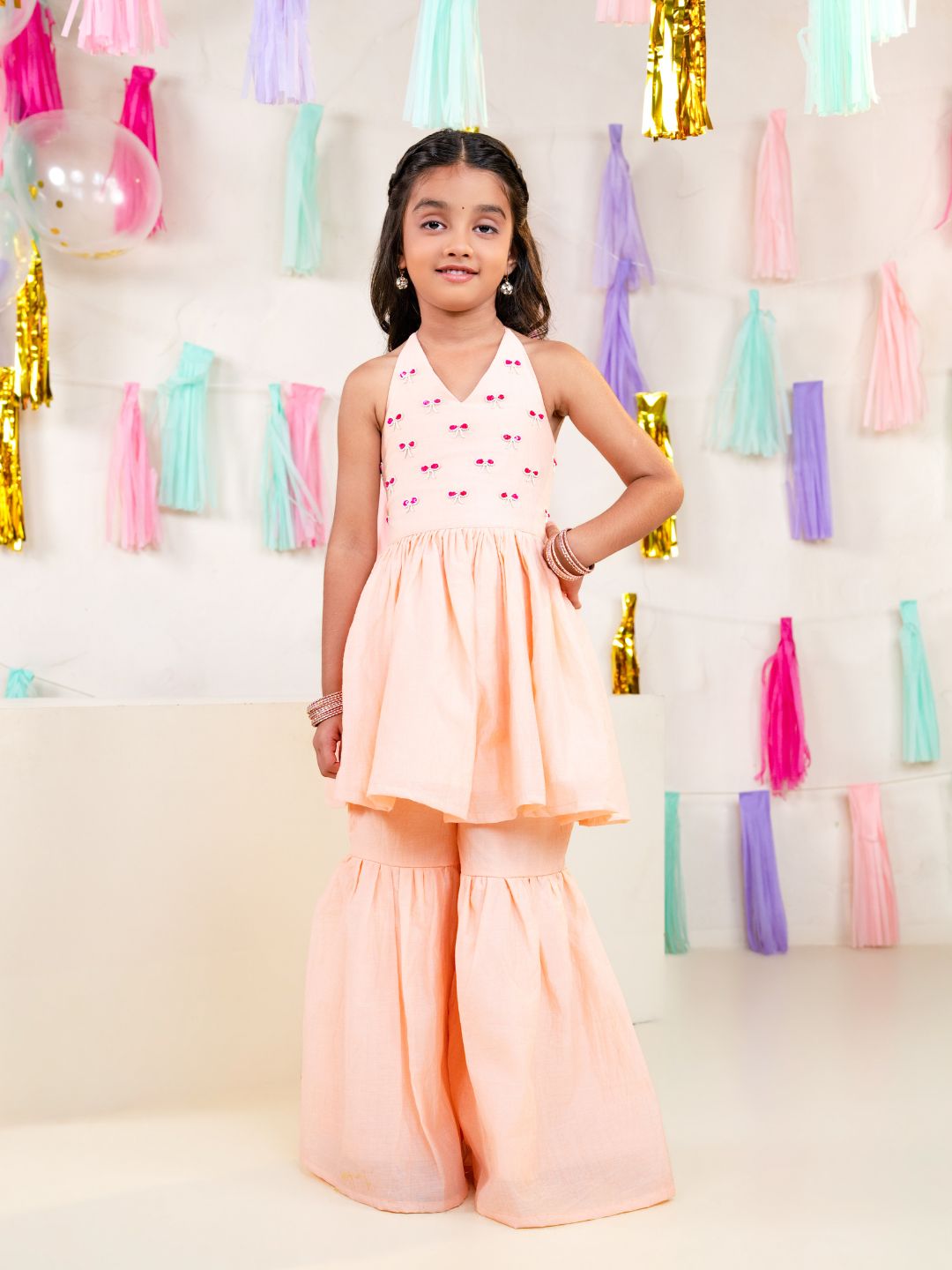 Girls Pastel Pink Festive Halter Neck Sharara Co-Ord Set (Set of 2)
