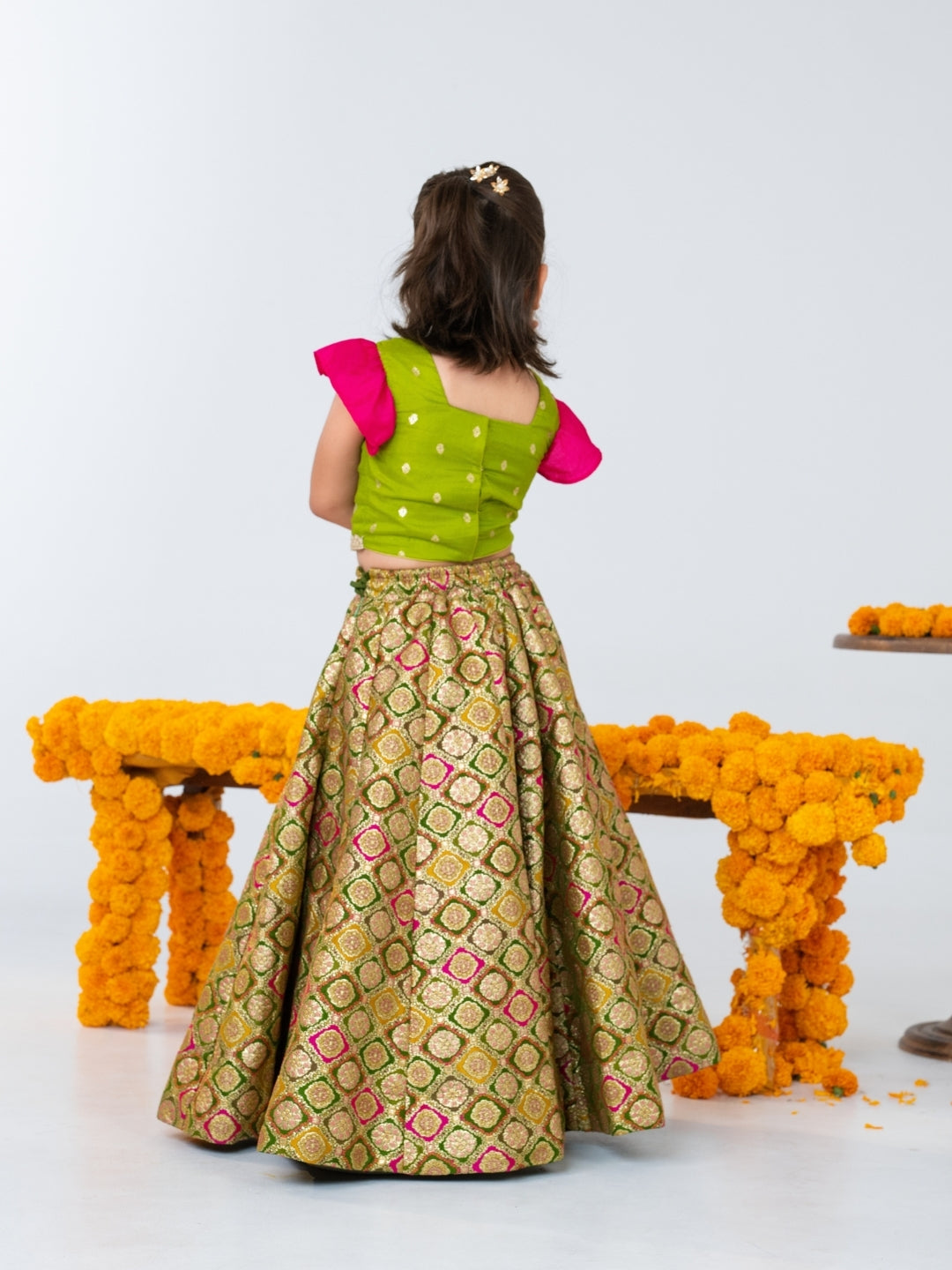 Girls Pink Blouse with Gold Brocade Lehenga Set (Set of 3)