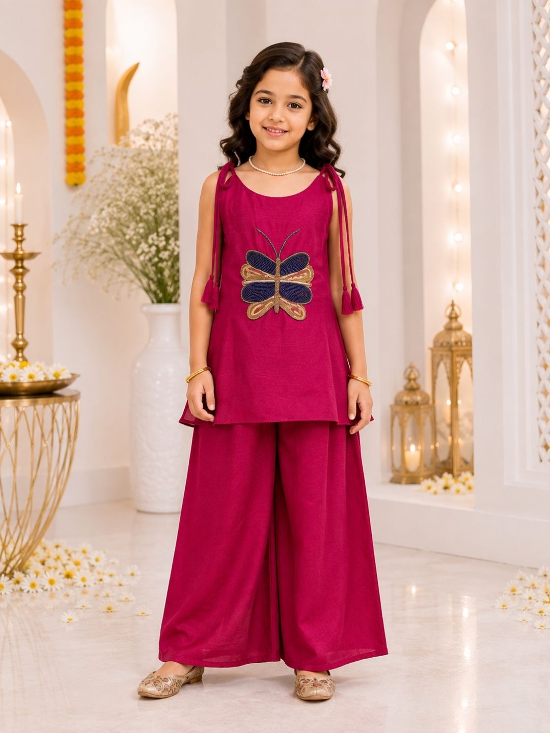 Girls Pink Butterfly Embroidered Kurta Palazzo Set (Set of 2)