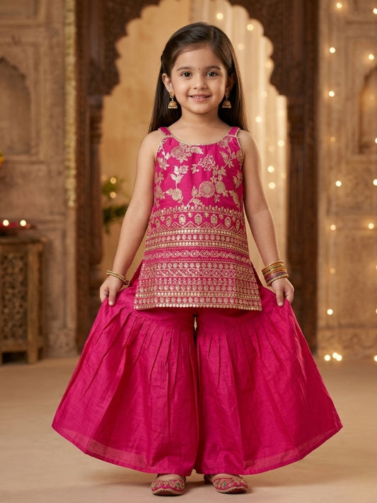Girls Pink Embroidered Silk Top with Palazzo (Set of 2)