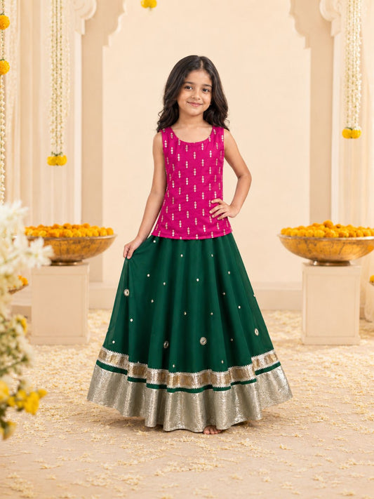 Girls Pink Kurti with Dark Green Lehenga Set (Set of 2)