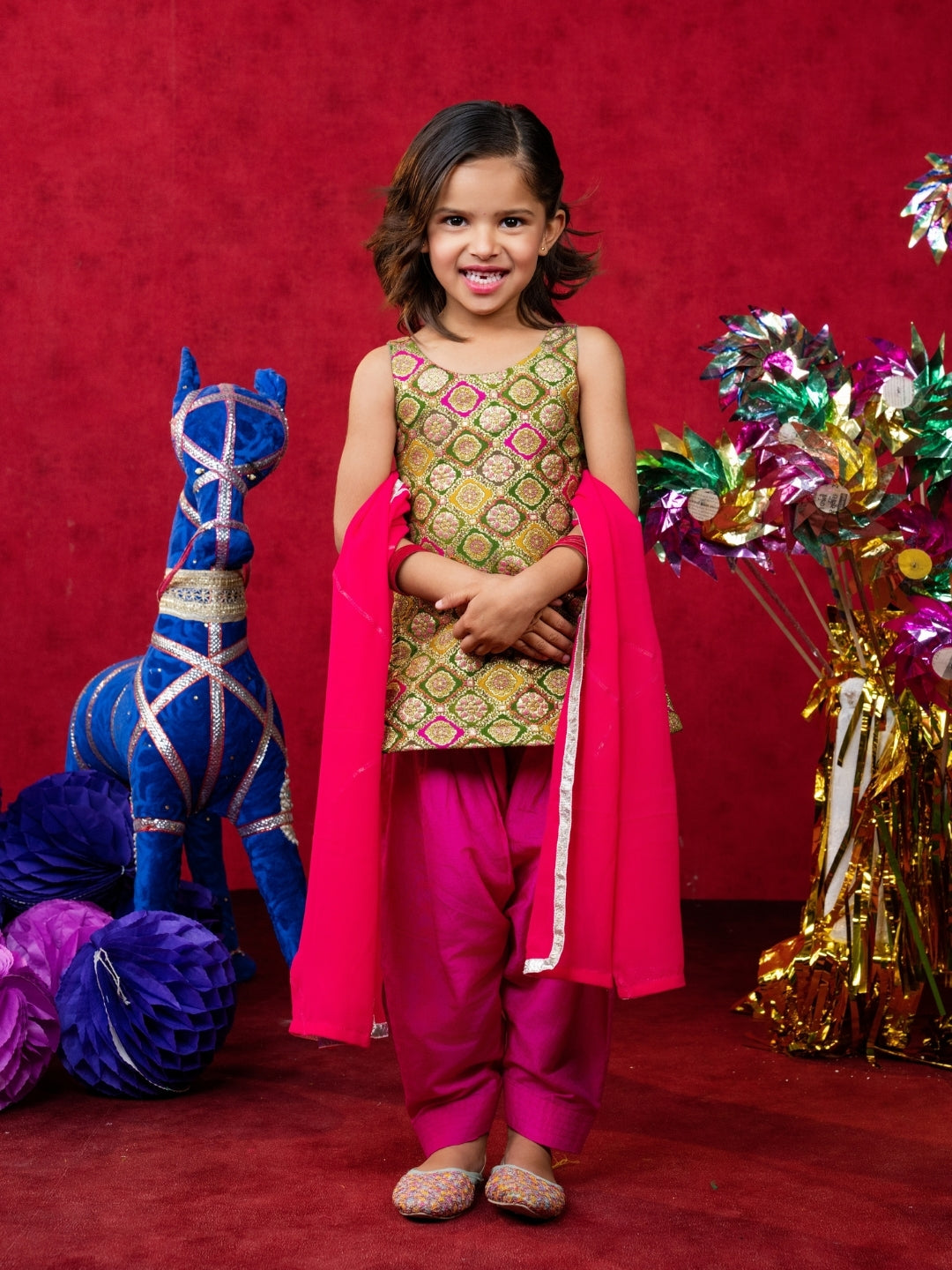 Girls Pink Salwar Suit Set with Dupatta (Set of 3)