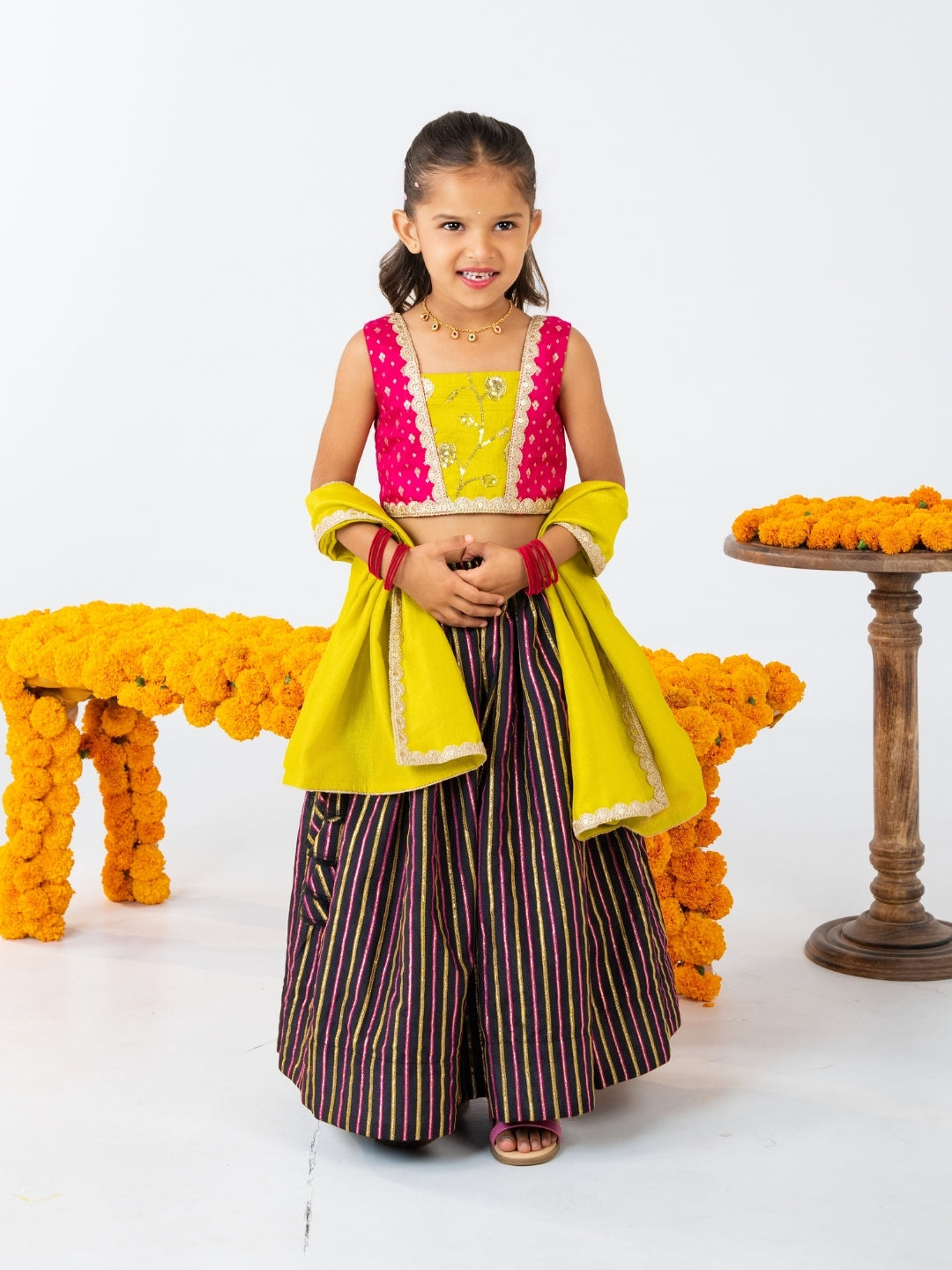 Girls Pink & Yellow Top with Black Striped Lehenga Set (Set of 2)