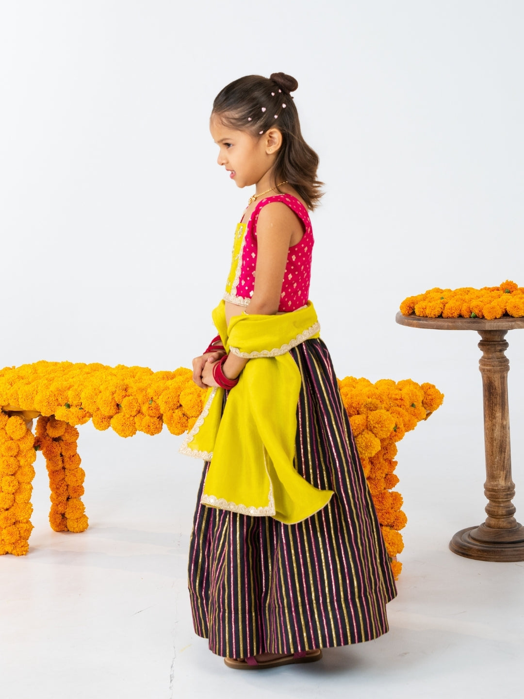 Girls Pink & Yellow Top with Black Striped Lehenga Set (Set of 2)