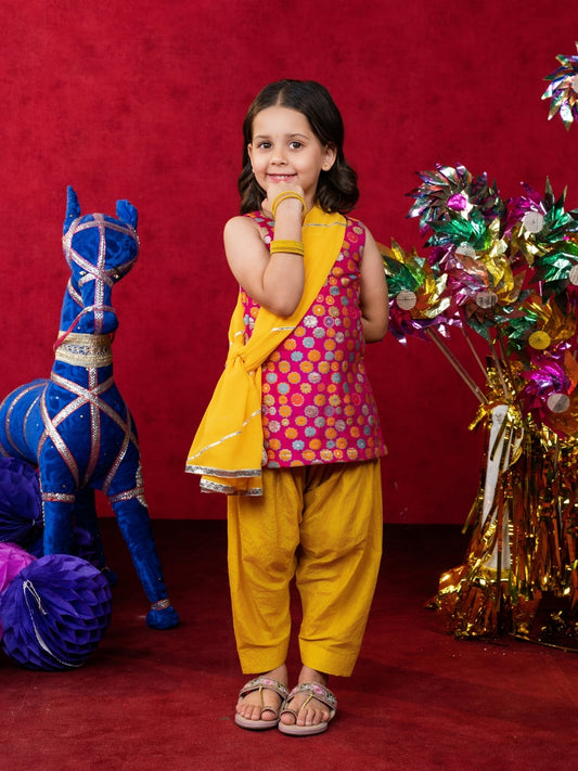 Girls Pink and Yellow Salwar Suit Set (Set of 3)