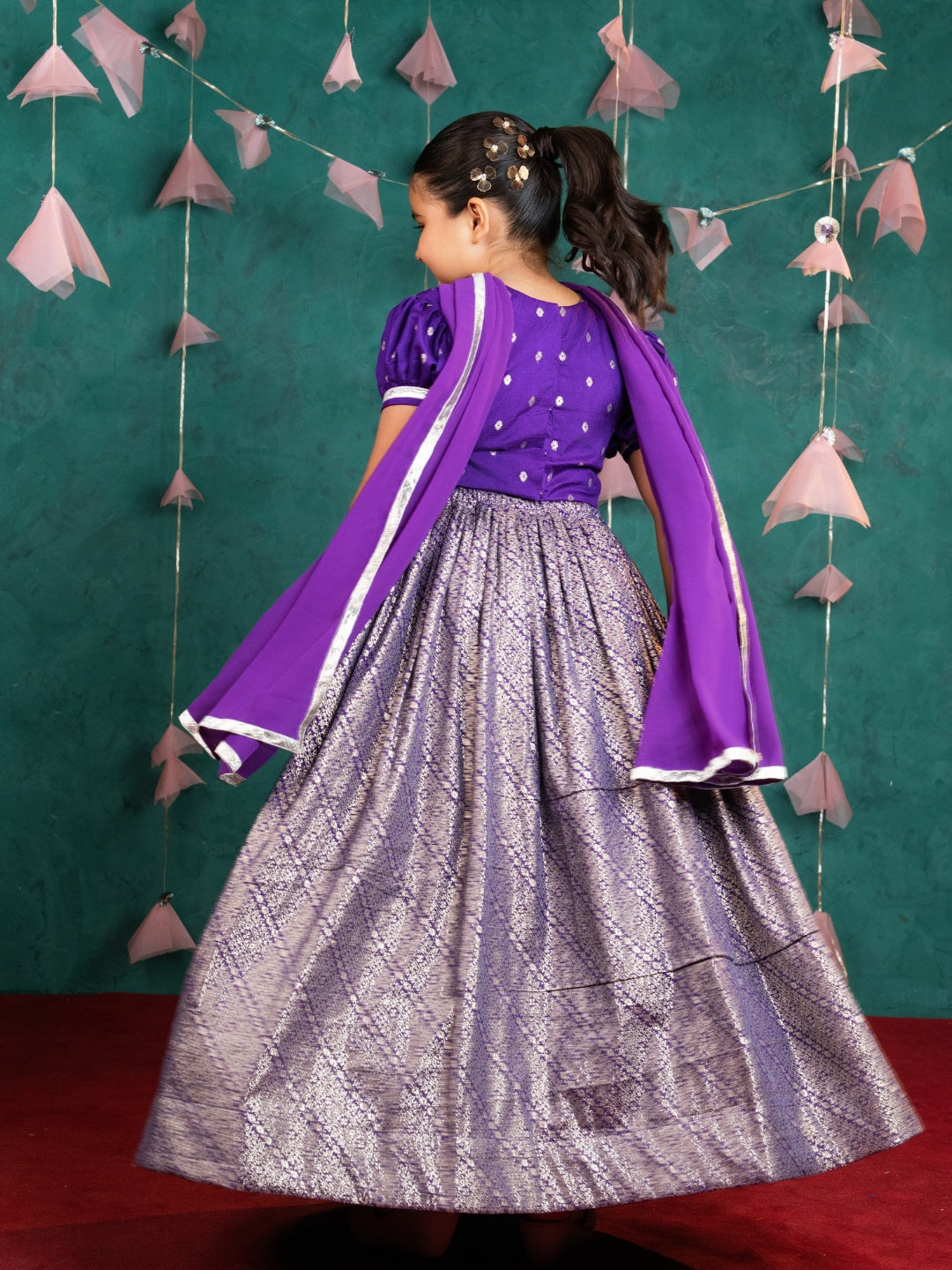 Girls Purple Ready-to-wear Lehenga Set (Set of 3)