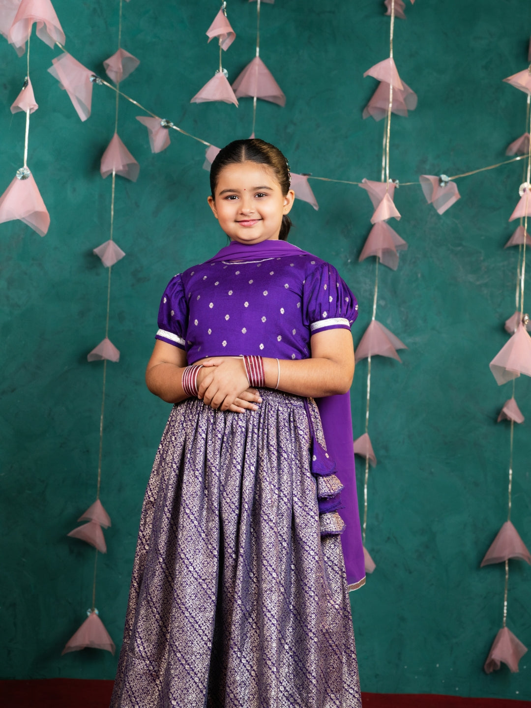 Girls Purple Ready-to-wear Lehenga Set (Set of 3)
