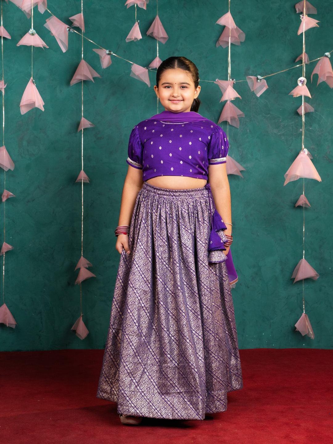 Girls Purple Ready-to-wear Lehenga Set (Set of 3)