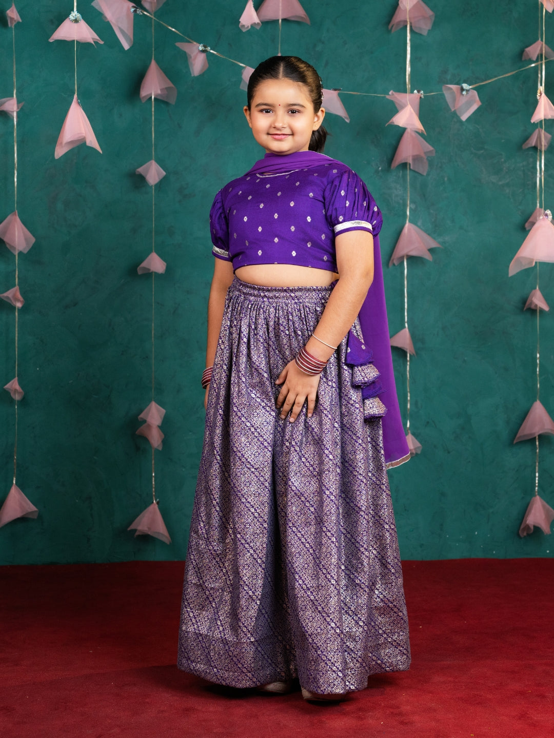 Girls Purple Ready-to-wear Lehenga Set (Set of 3)
