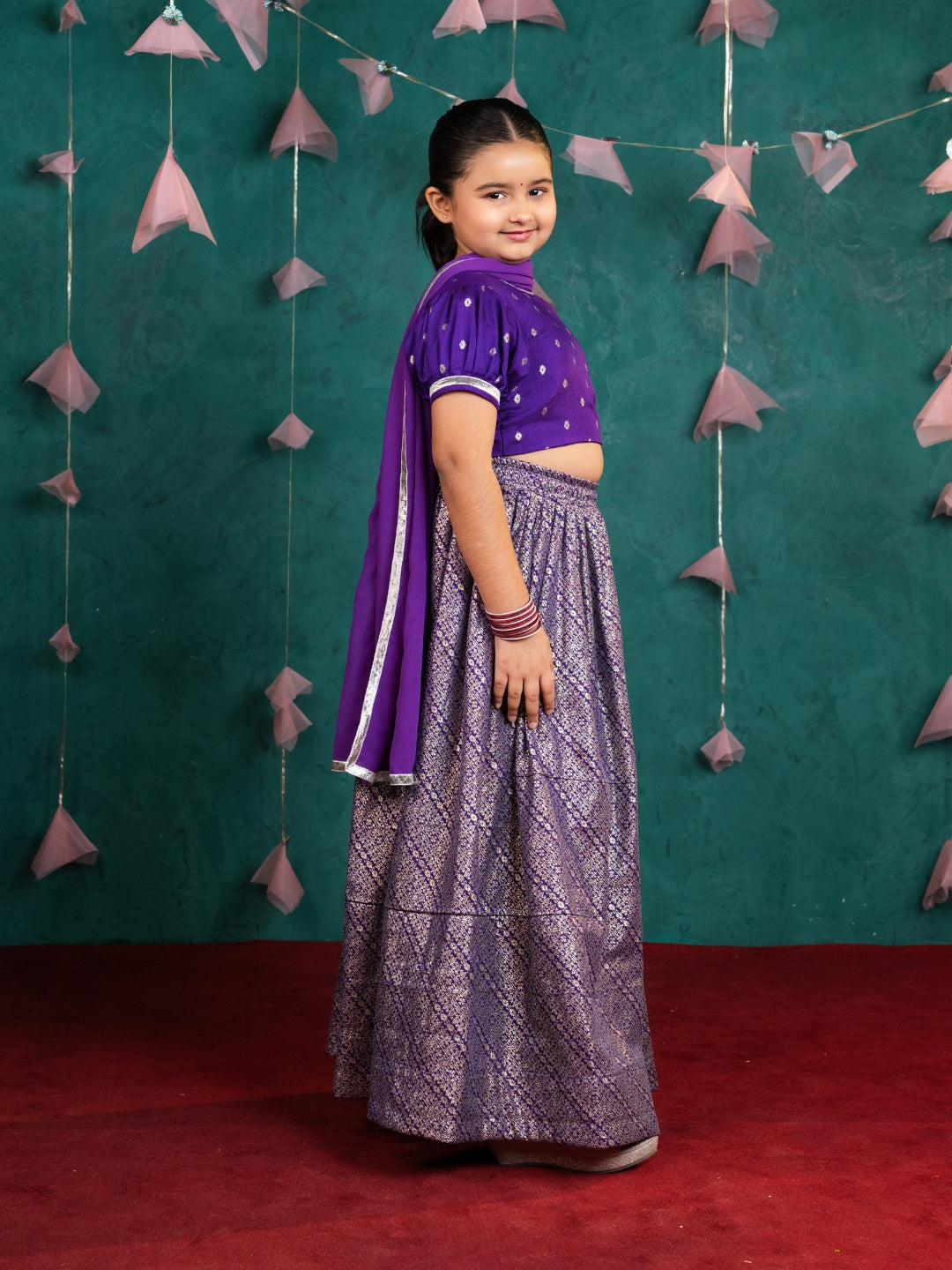 Girls Purple Ready-to-wear Lehenga Set (Set of 3)