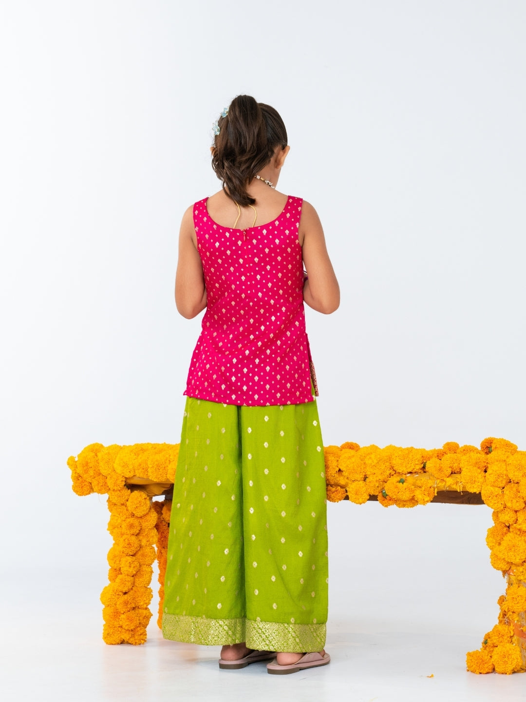 Girls Rani Pink Kurti with Green Palazzo Set (Set of 2)