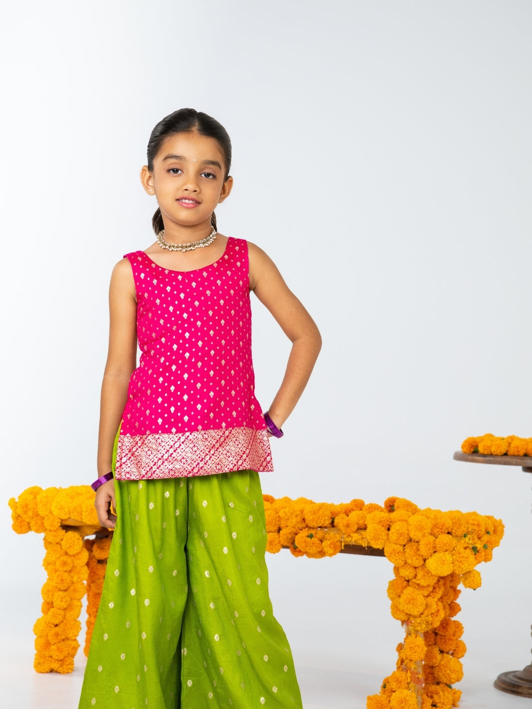 Girls Rani Pink Kurti with Green Palazzo Set (Set of 2)