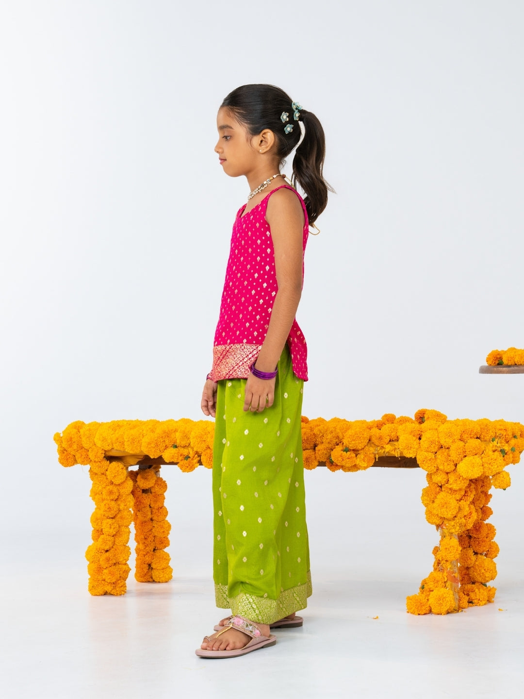 Girls Rani Pink Kurti with Green Palazzo Set (Set of 2)