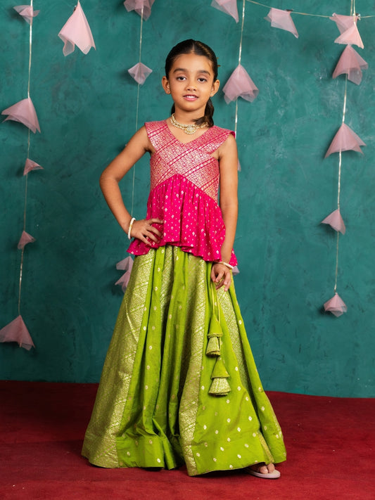 Girls Rani Pink Peplum Top with Green Lehenga Set (Set of 2)