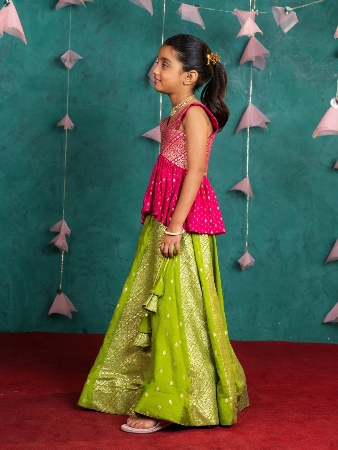Girls Rani Pink Peplum Top with Green Lehenga Set (Set of 2)