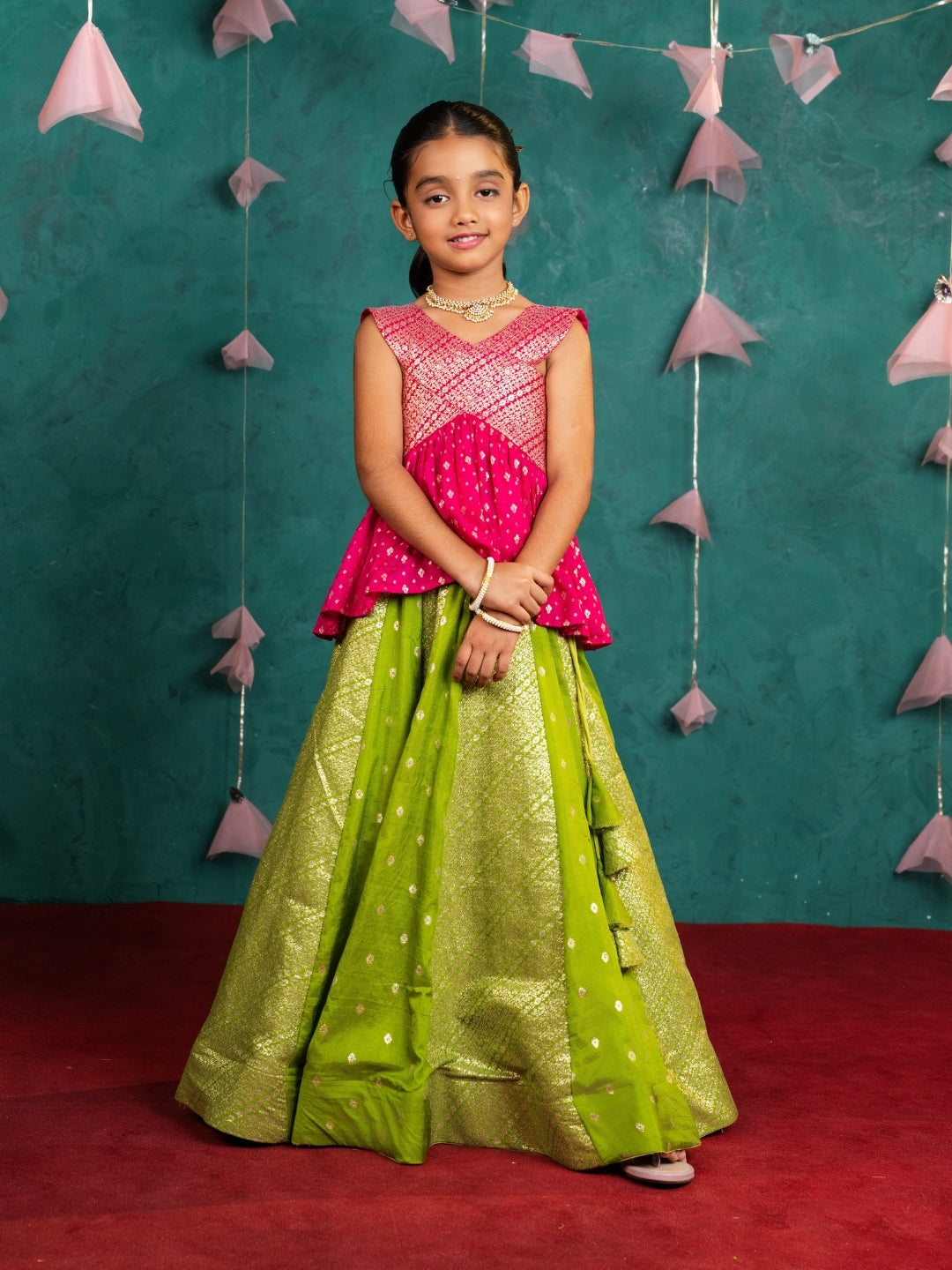 Girls Rani Pink Peplum Top with Green Lehenga Set (Set of 2)
