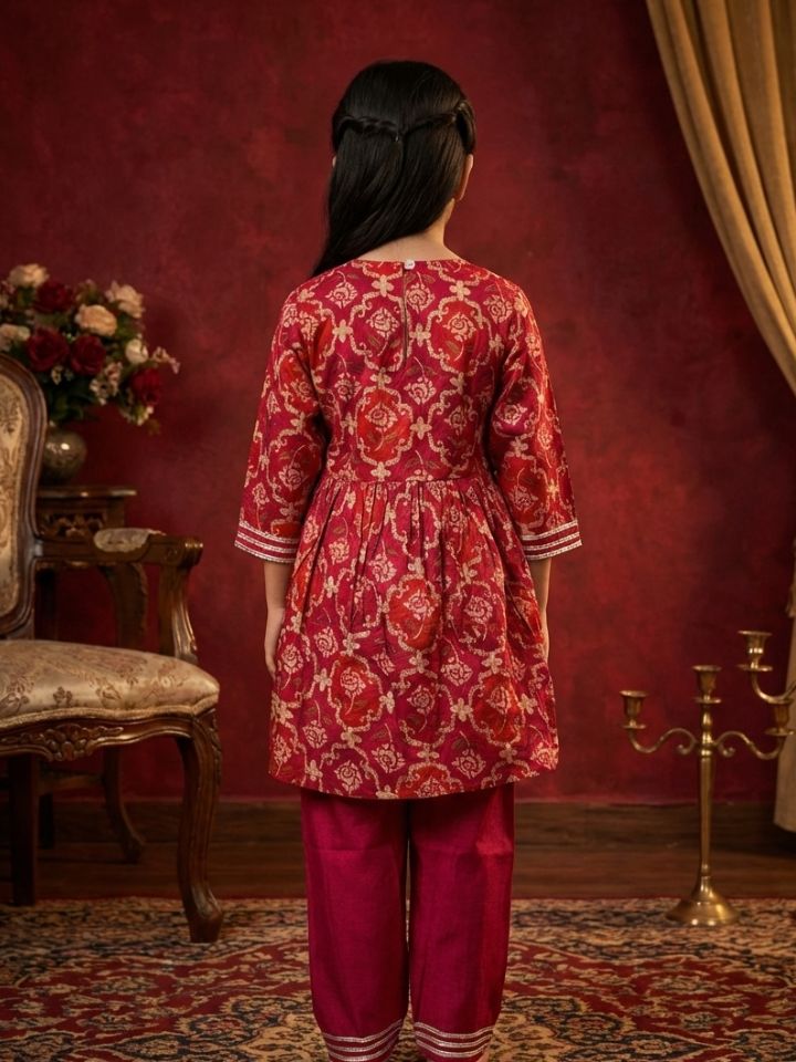 Girls Red Anarkali Kurti with Pant (Set of 2)