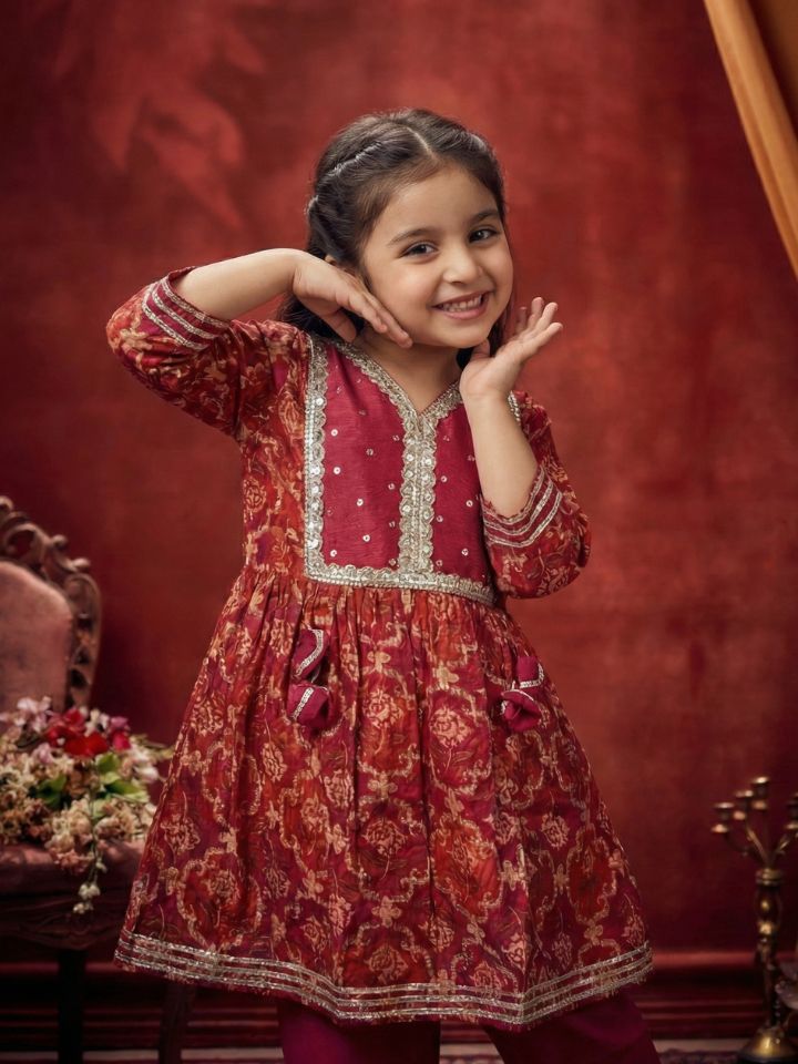 Girls Red Anarkali Kurti with Pant (Set of 2)