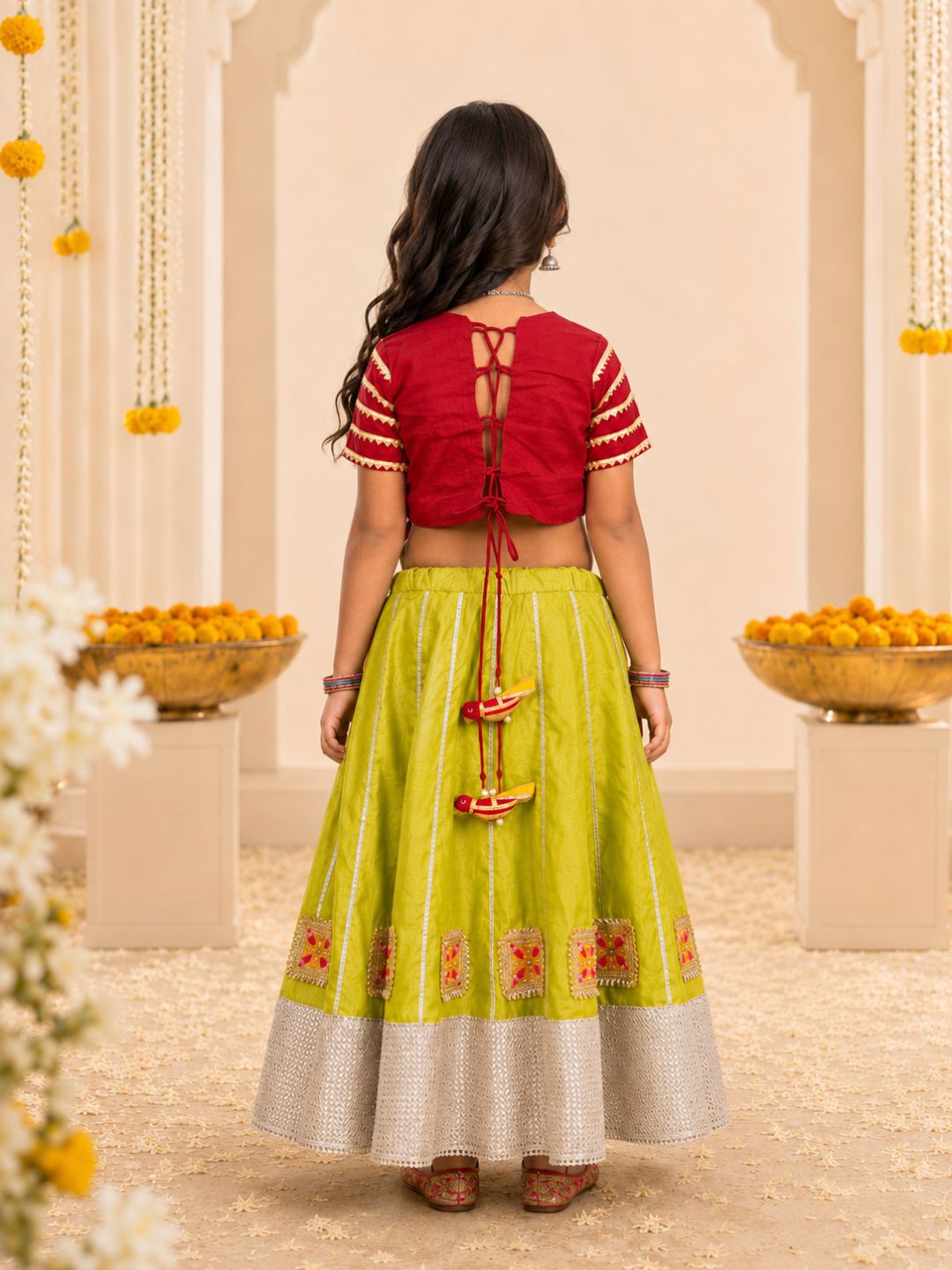 Girls Red Top & Green Lehenga Choli Set (Set of 2)