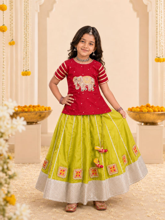 Girls Red Top & Green Lehenga Choli Set (Set of 2)