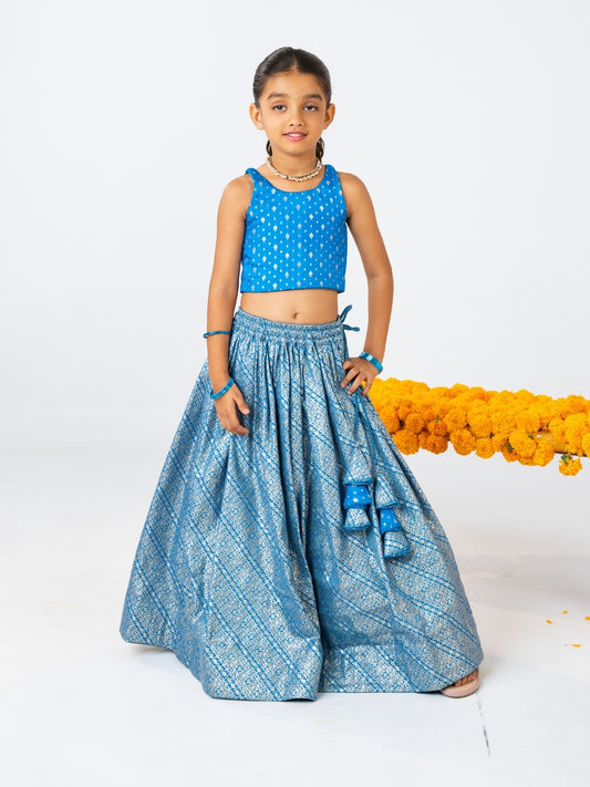 Girls Royal Blue Top with Zari Lehenga Set (Set of 2)