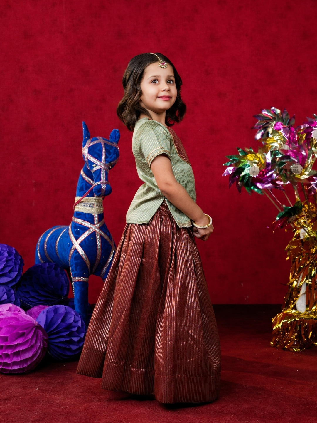 Girls Sage Green Top with Brown Lehenga Set (Set of 2)
