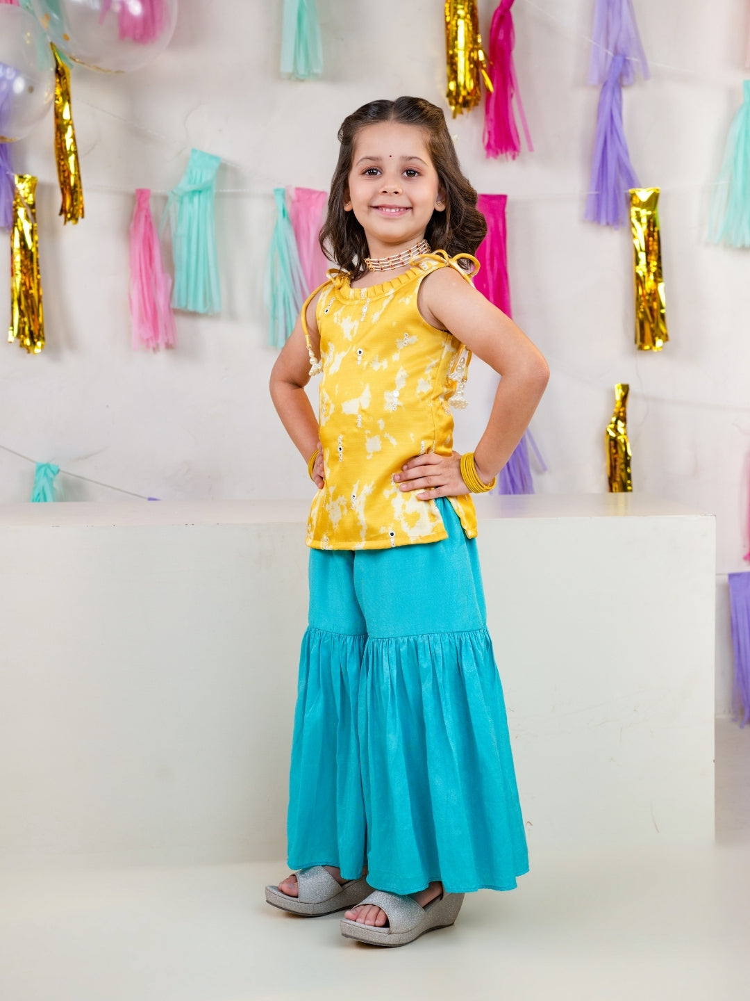 Girls Satin Shoulder Strap Kurti with Sharara Pant (Set of 2)