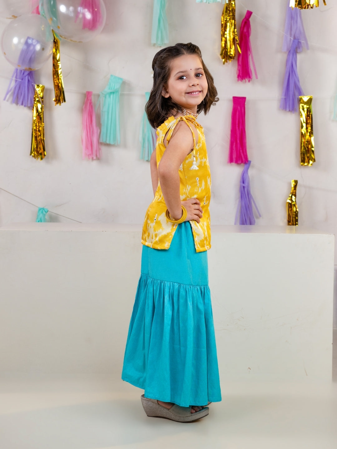 Girls Satin Shoulder Strap Kurti with Sharara Pant (Set of 2)