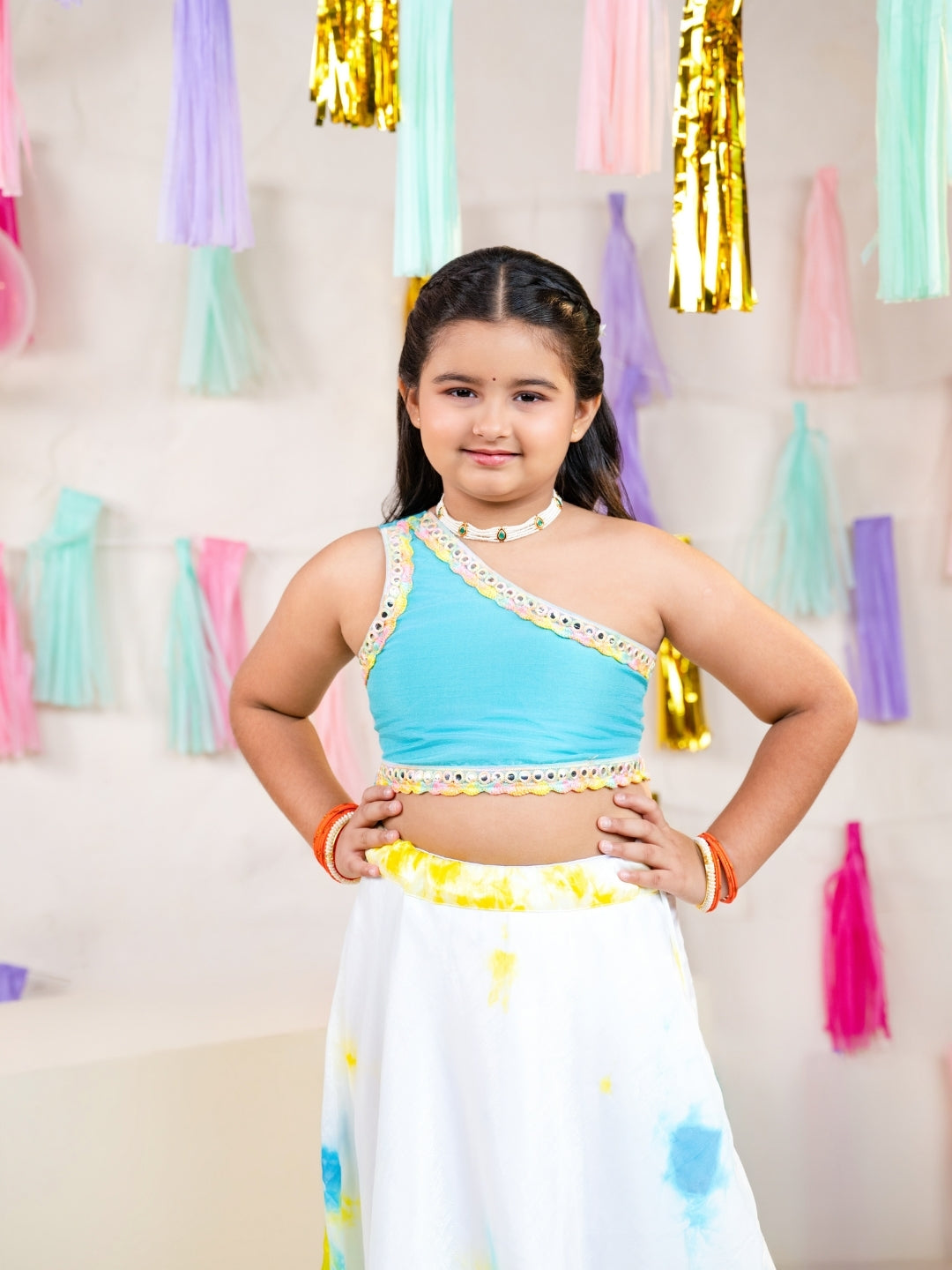 Girls Sky Blue One Shoulder Blouse with Tie-Dye Lehenga Set (Set of 2)