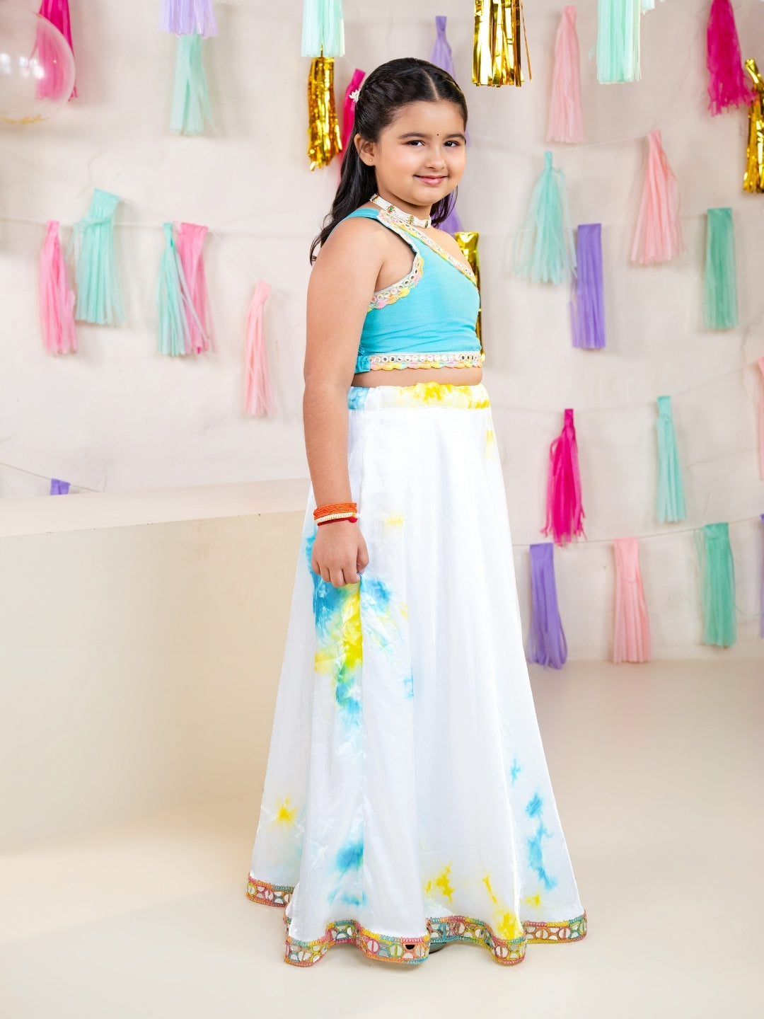 Girls Sky Blue One Shoulder Blouse with Tie-Dye Lehenga Set (Set of 2)