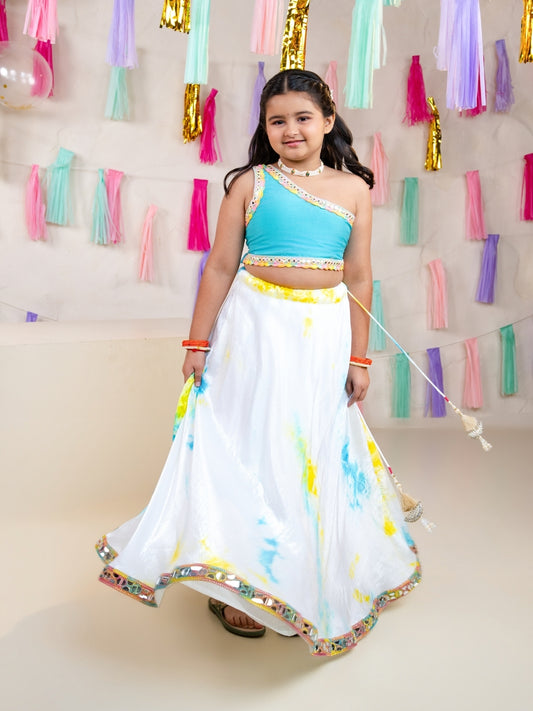Girls Sky Blue One Shoulder Blouse with Tie-Dye Lehenga Set (Set of 2)
