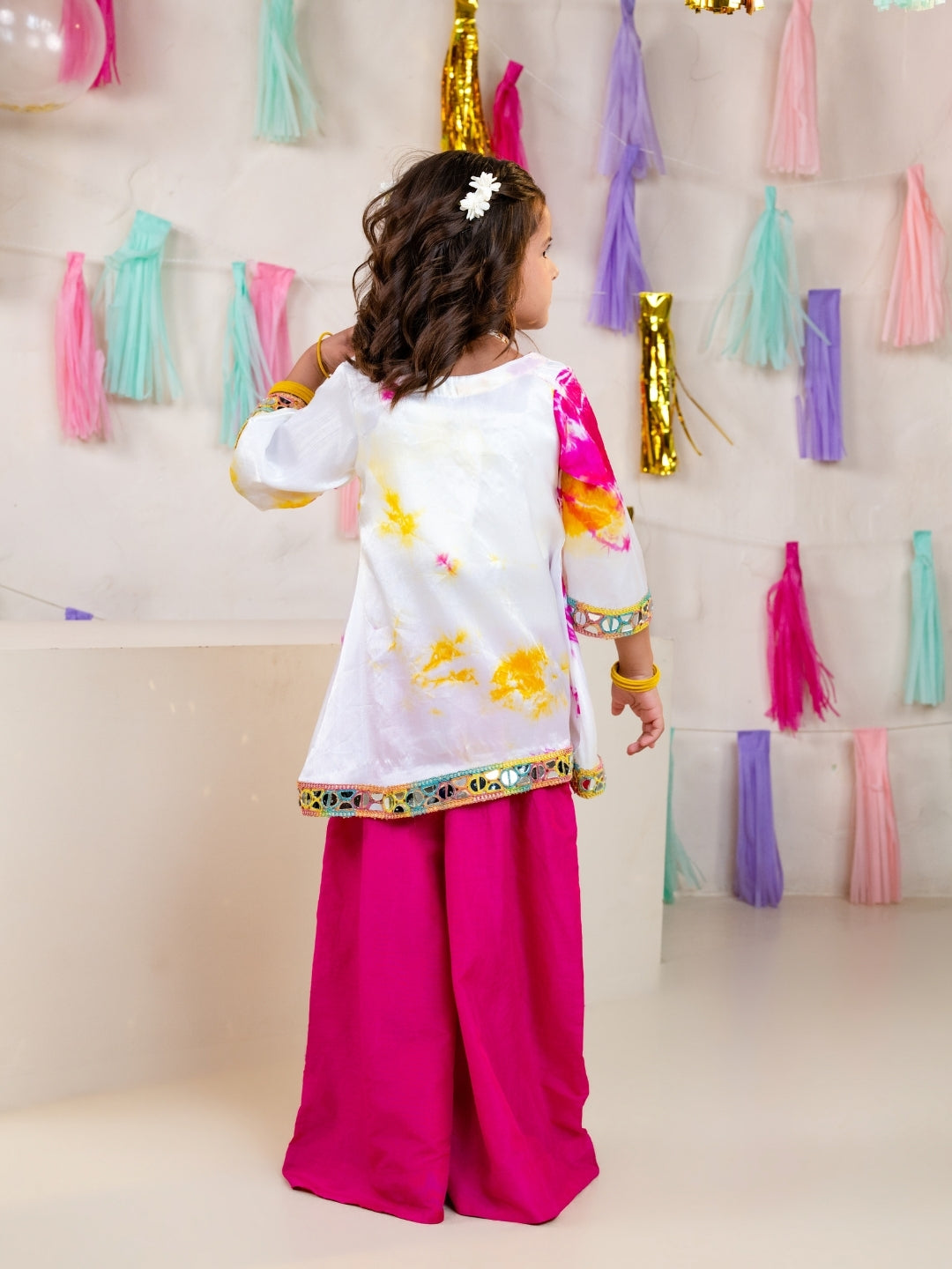 Girls White Tie-Dye Kurti with Blouse and Pink Palazzo Set (Set of 3)