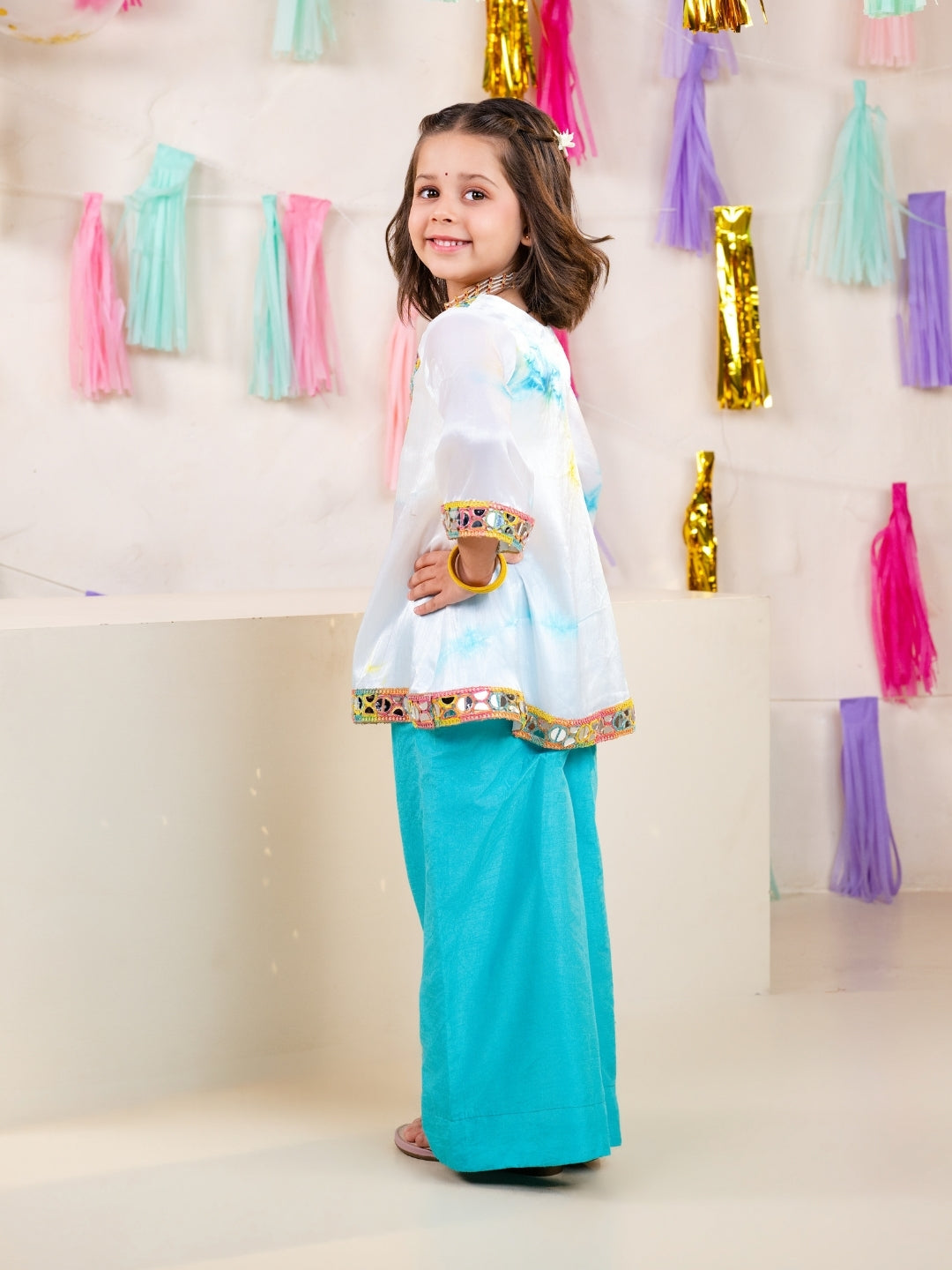 Girls White Tie-Dye Kurti with Blouse and Sky Blue Palazzo Set (Set of 3)