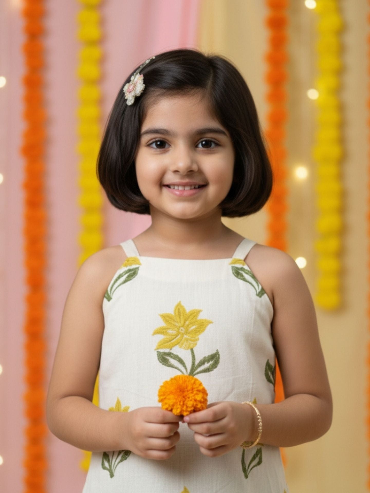 Girls White Top and Green Palazzo (Set of 2)