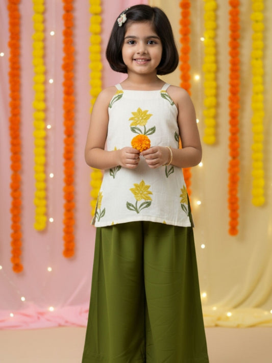 Girls White Top and Green Palazzo (Set of 2)