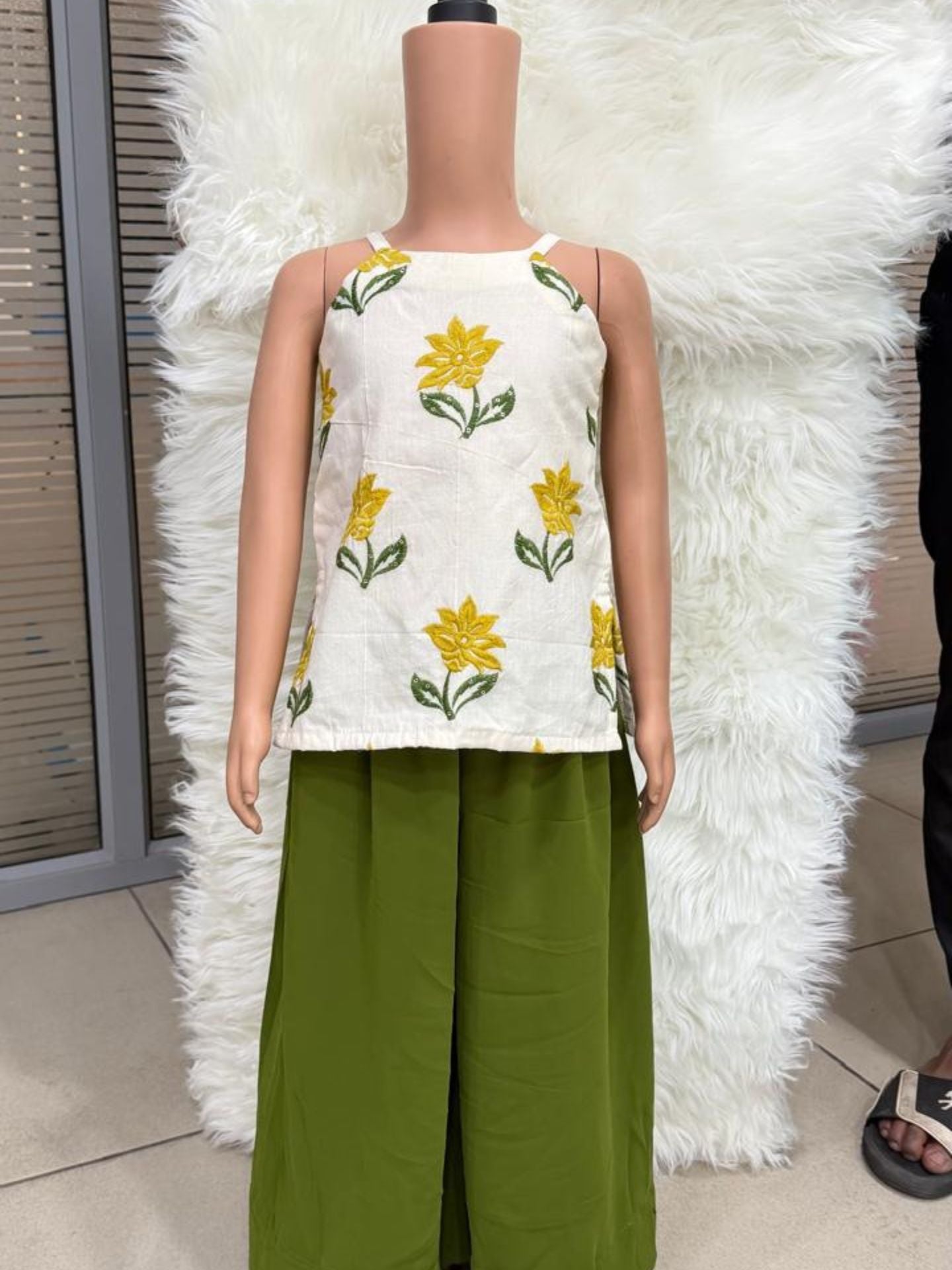 Girls White Top and Green Palazzo (Set of 2)