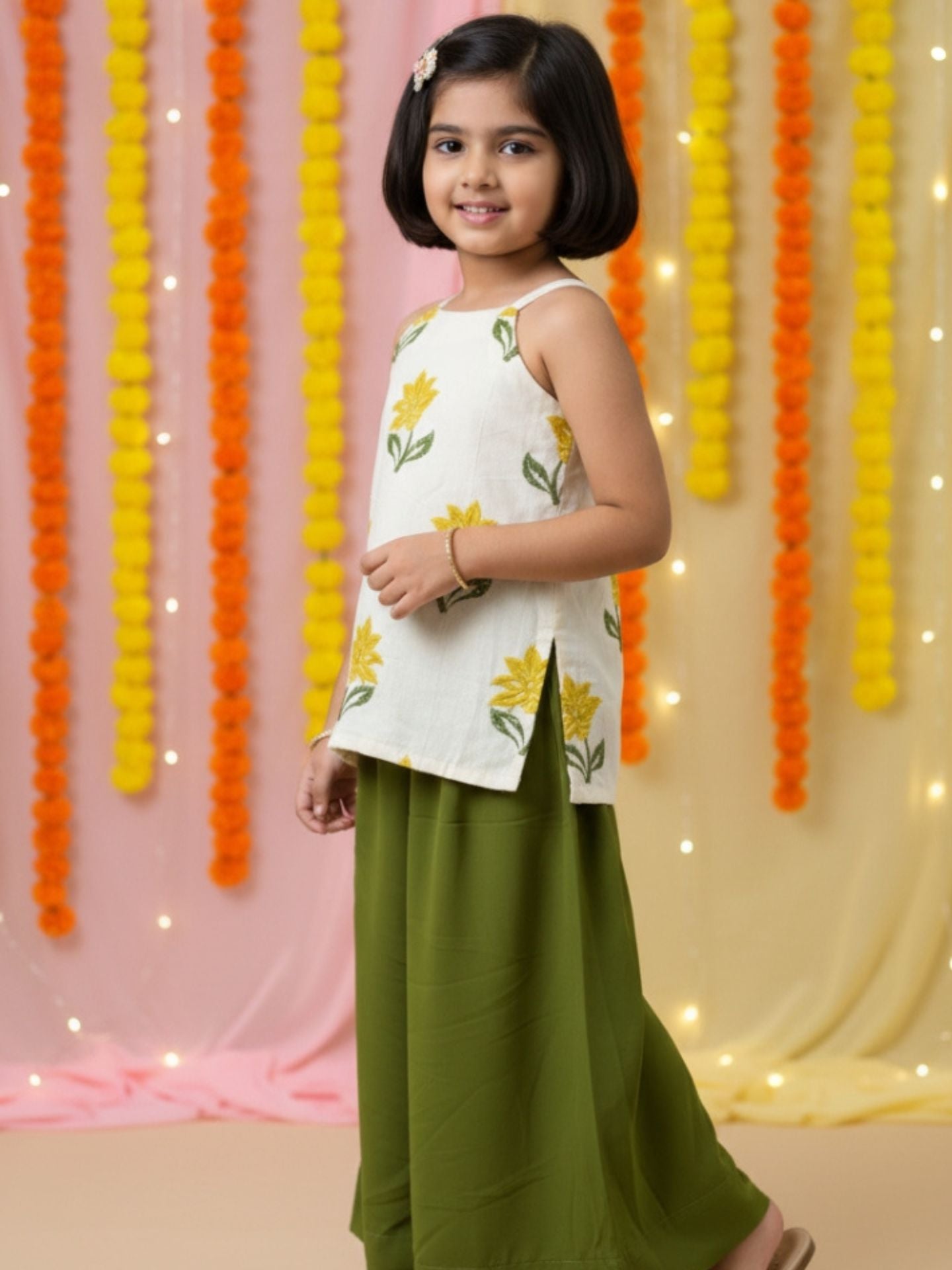 Girls White Top and Green Palazzo (Set of 2)