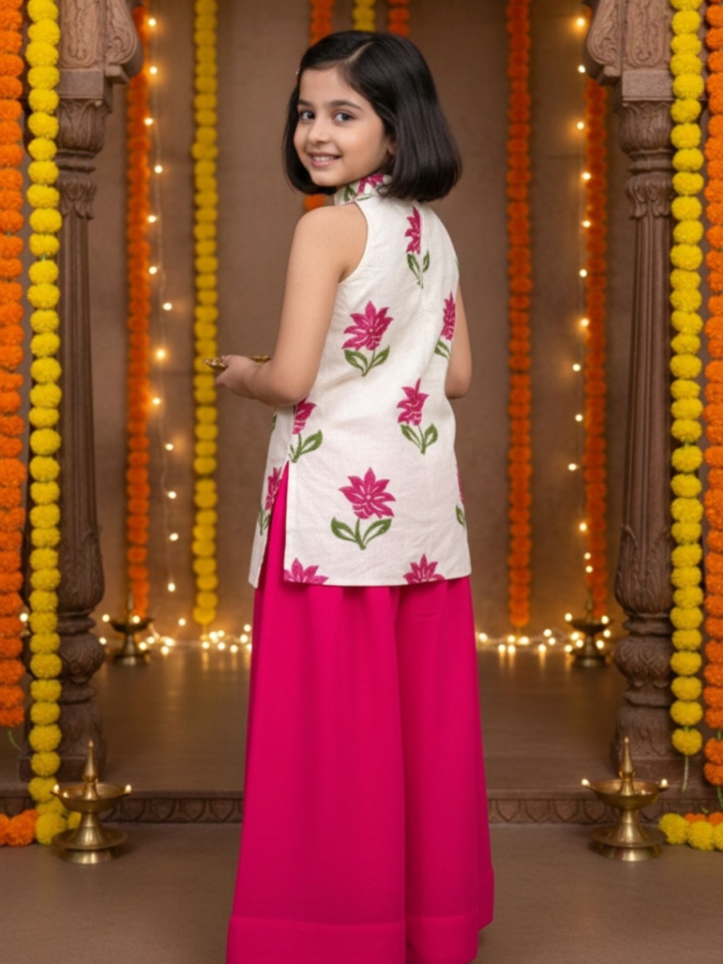 Girls White Top and Pink Palazzo (Set of 2)