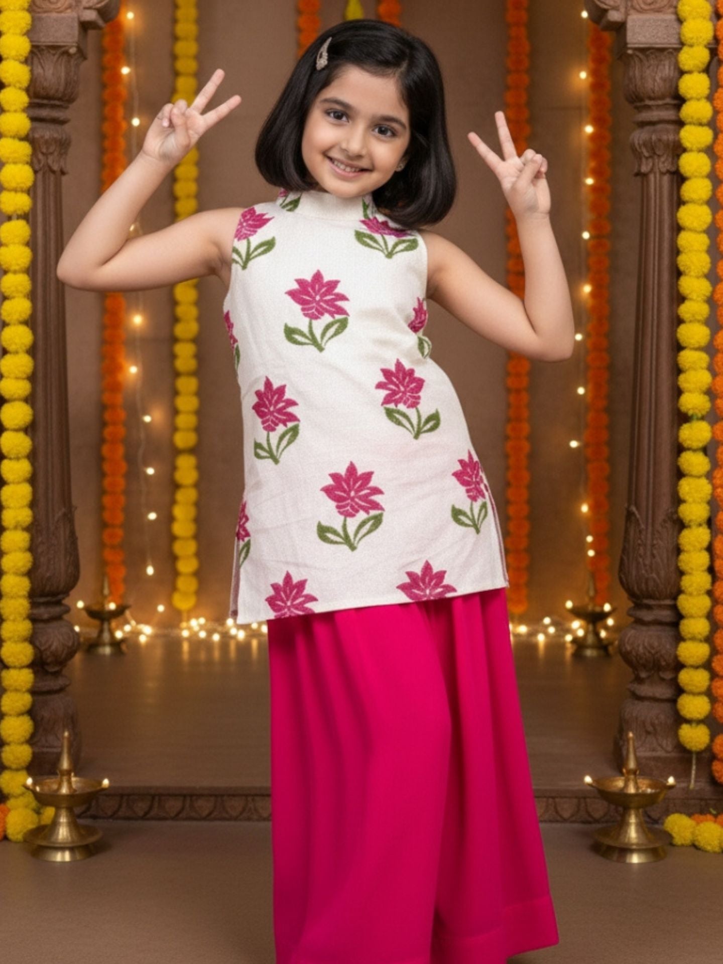 Girls White Top and Pink Palazzo (Set of 2)