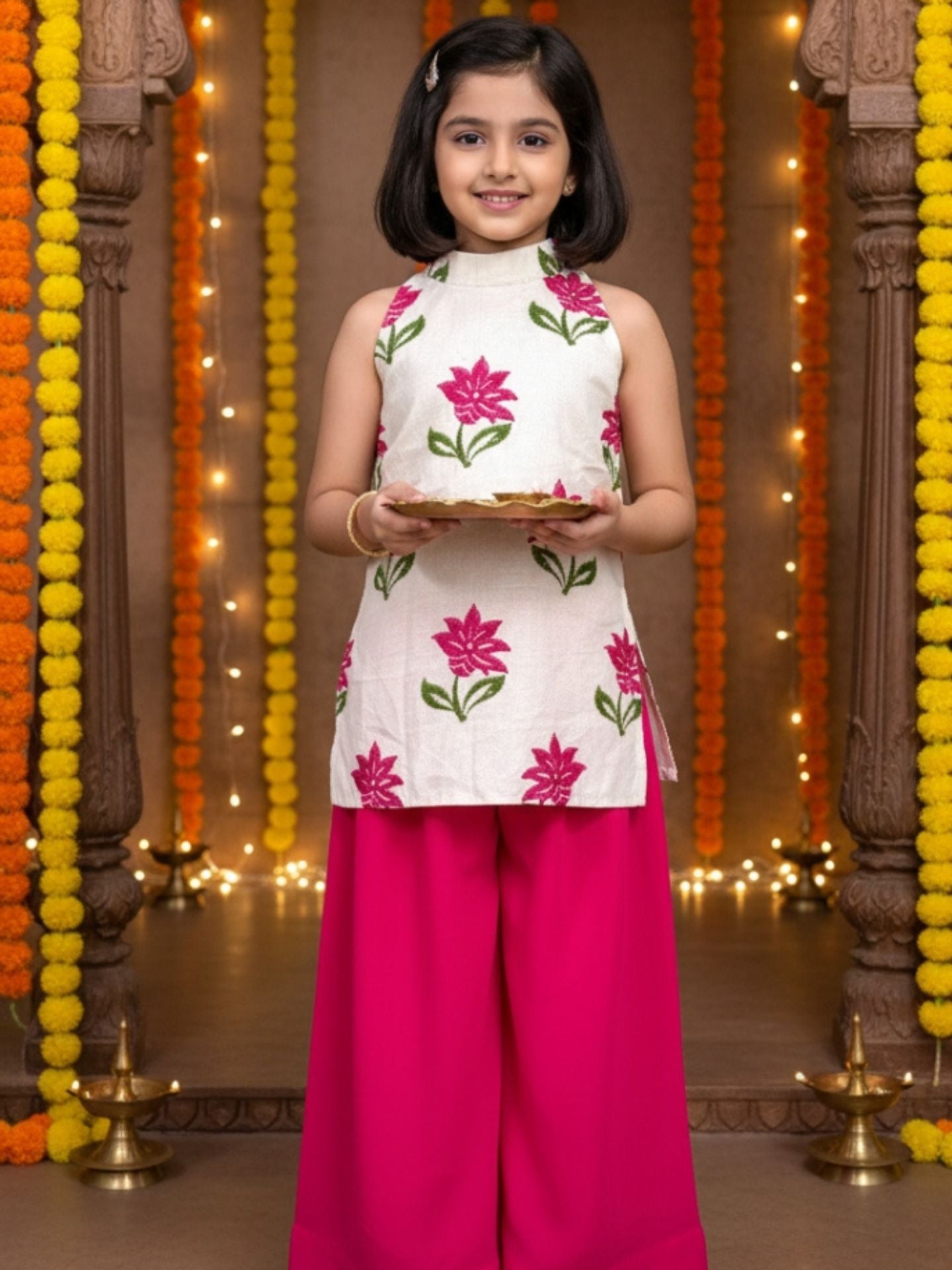 Girls White Top and Pink Palazzo (Set of 2)