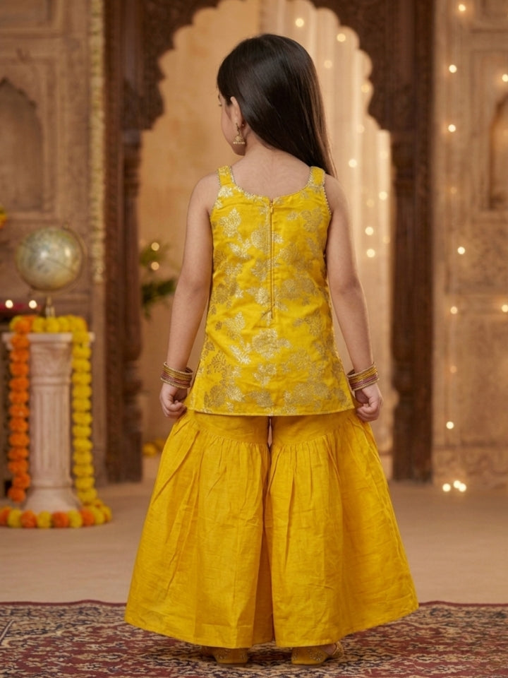 Girls Yellow Embroidered Silk Top with Palazzo (Set of 2)