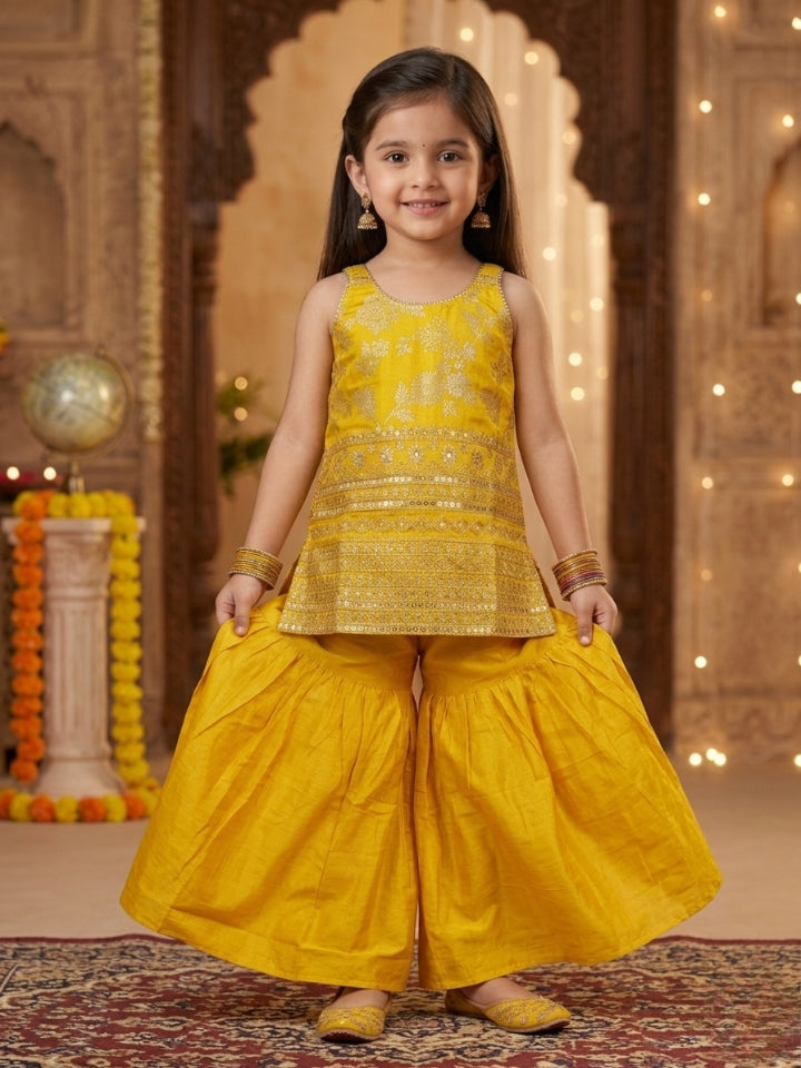 Girls Yellow Embroidered Silk Top with Palazzo (Set of 2)