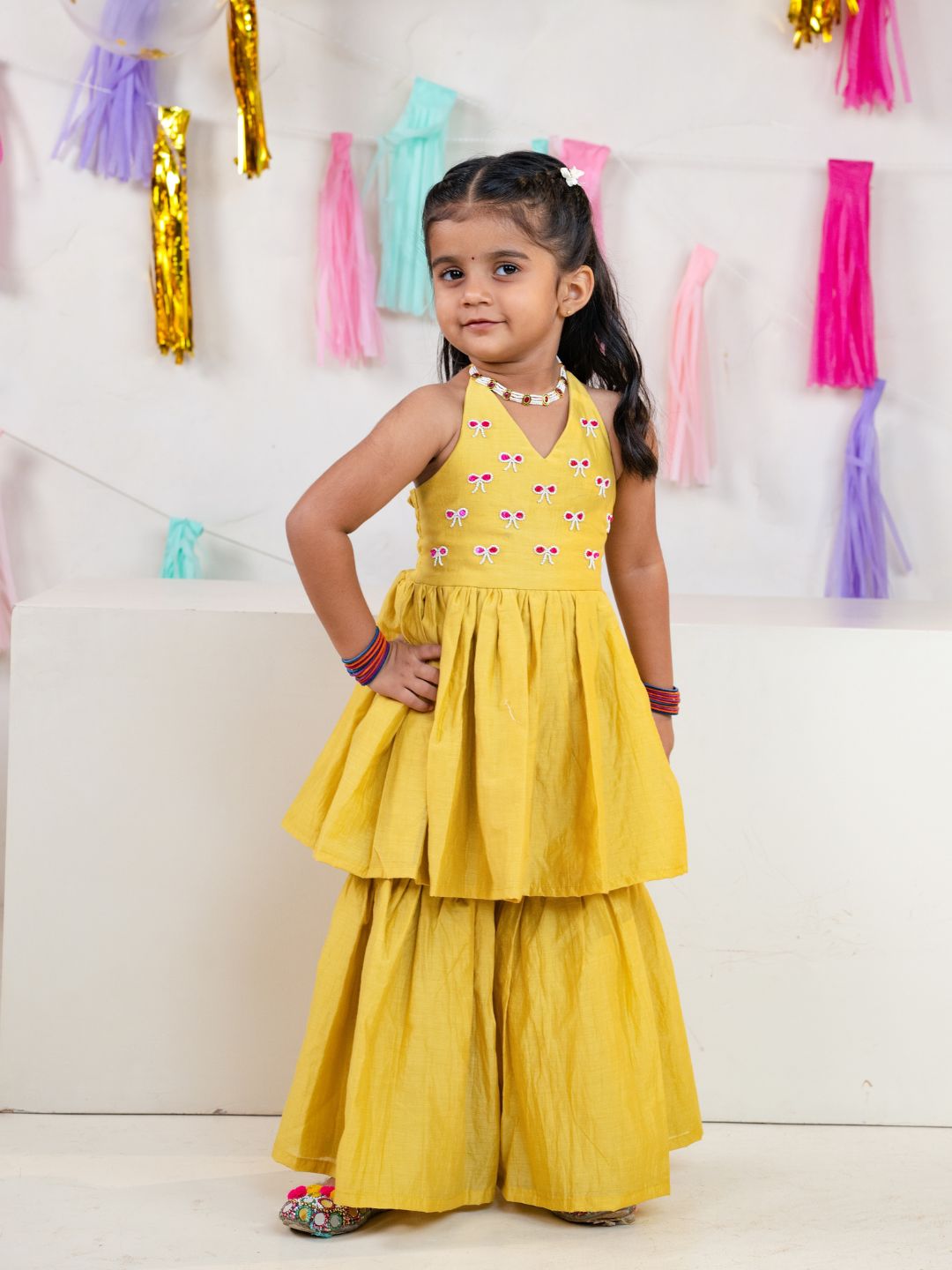 Girls Yellow Festive Halter Neck Sharara Co-Ord Set (Set of 2)