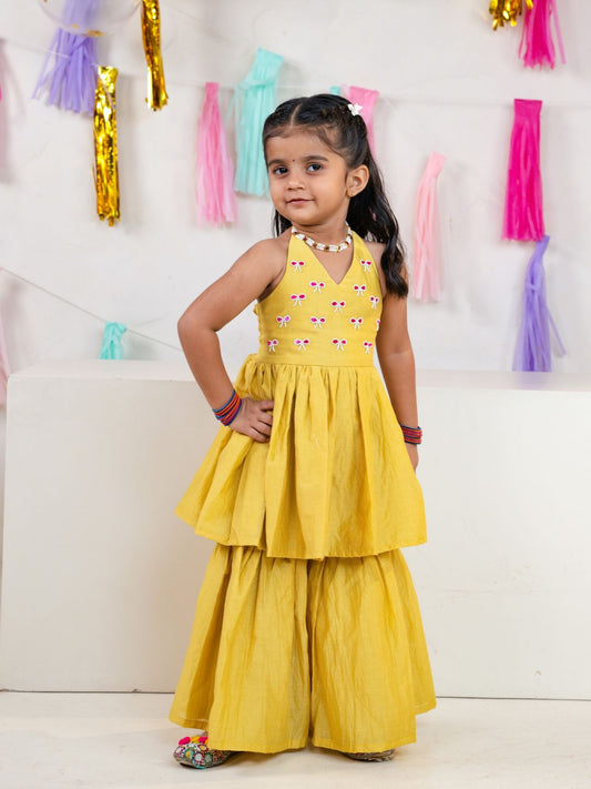 Girls Yellow Festive Halter Neck Sharara Co-Ord Set (Set of 2)